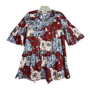 Warm NY Wax Dress Women 0 Red Blue Patchwork Floral Poetic Garden‎ Shift Boho